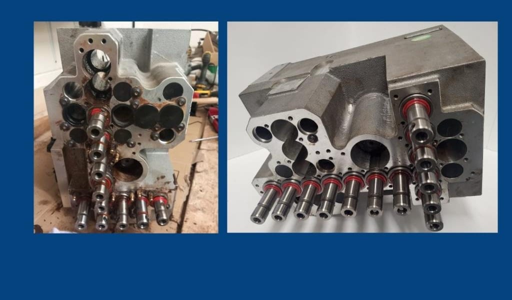 CNC drill head before repair — worn and damaged unit