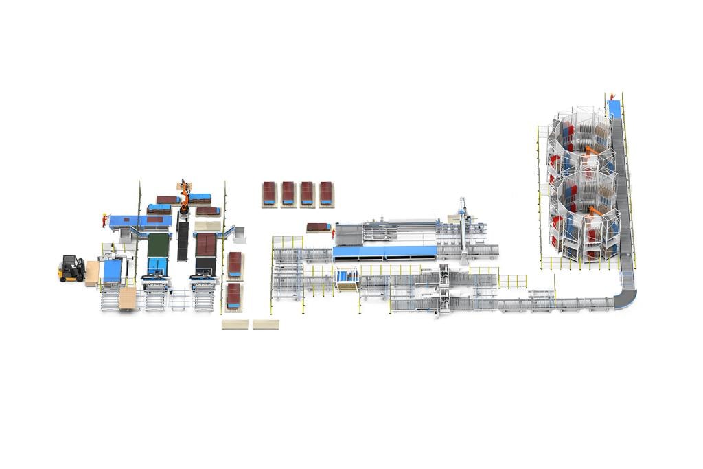 Masterwood automation production line with integrated conveyor, handling and machining systems